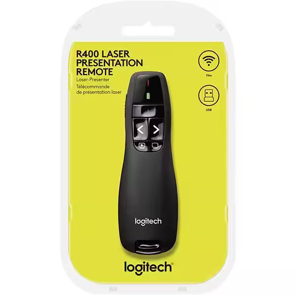Apresentador sem fio Logitech R400 com Laser Pointer Vermelho, Conexão USB e Pilha Inclusa BT 1 UN